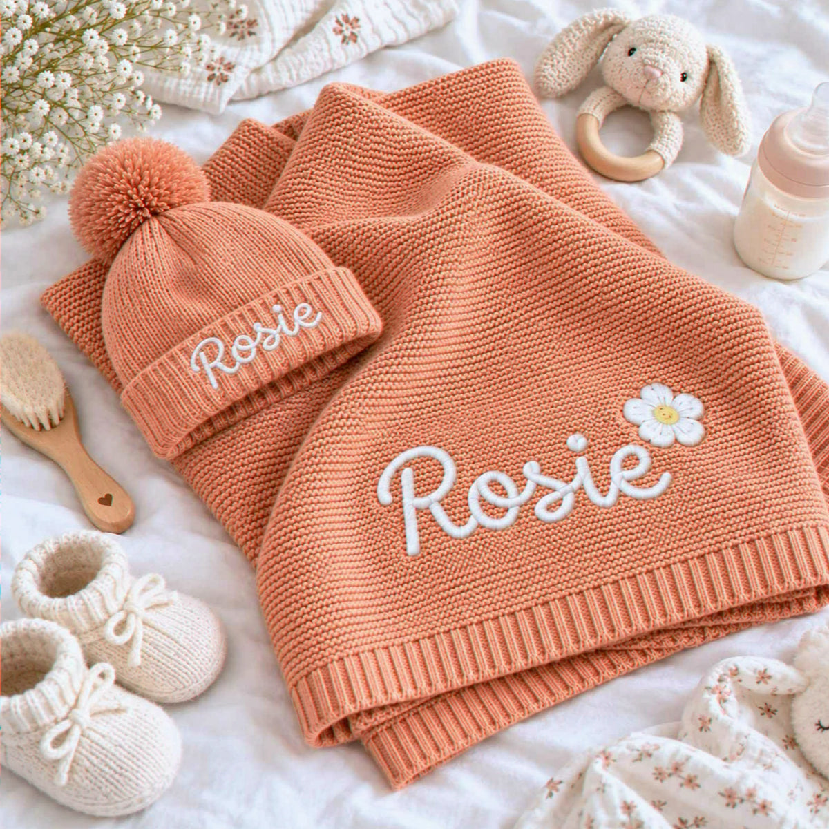 Personalized Knit Baby Blanket, Embroidered Cotton, Newborn Shower Gift, Grandma Gift for Baby Girl