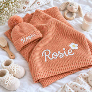 Personalized Knit Baby Blanket, Embroidered Cotton, Newborn Shower Gift, Grandma Gift for Baby Girl