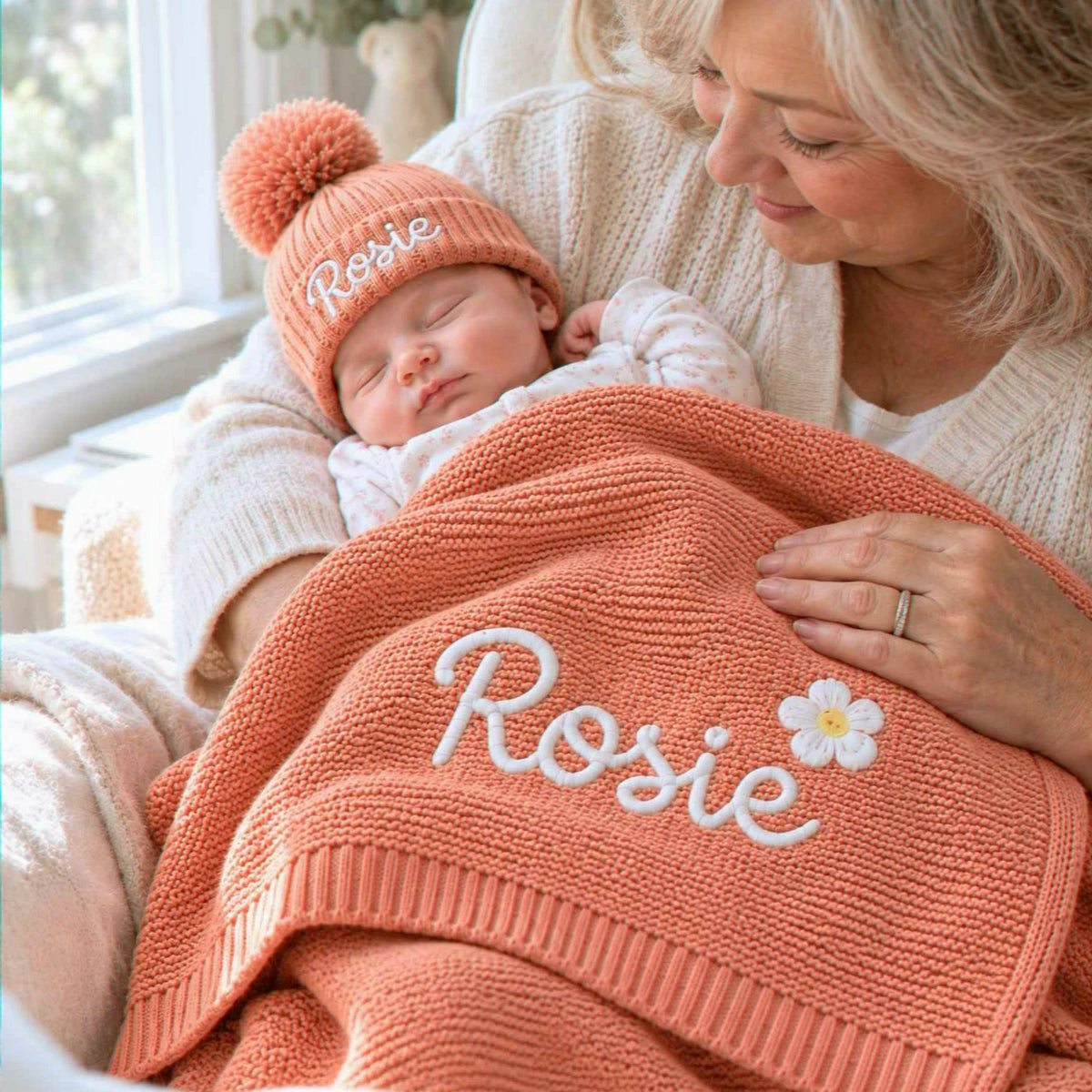Personalized Knit Baby Blanket, Embroidered Cotton, Newborn Shower Gift, Grandma Gift for Baby Girl