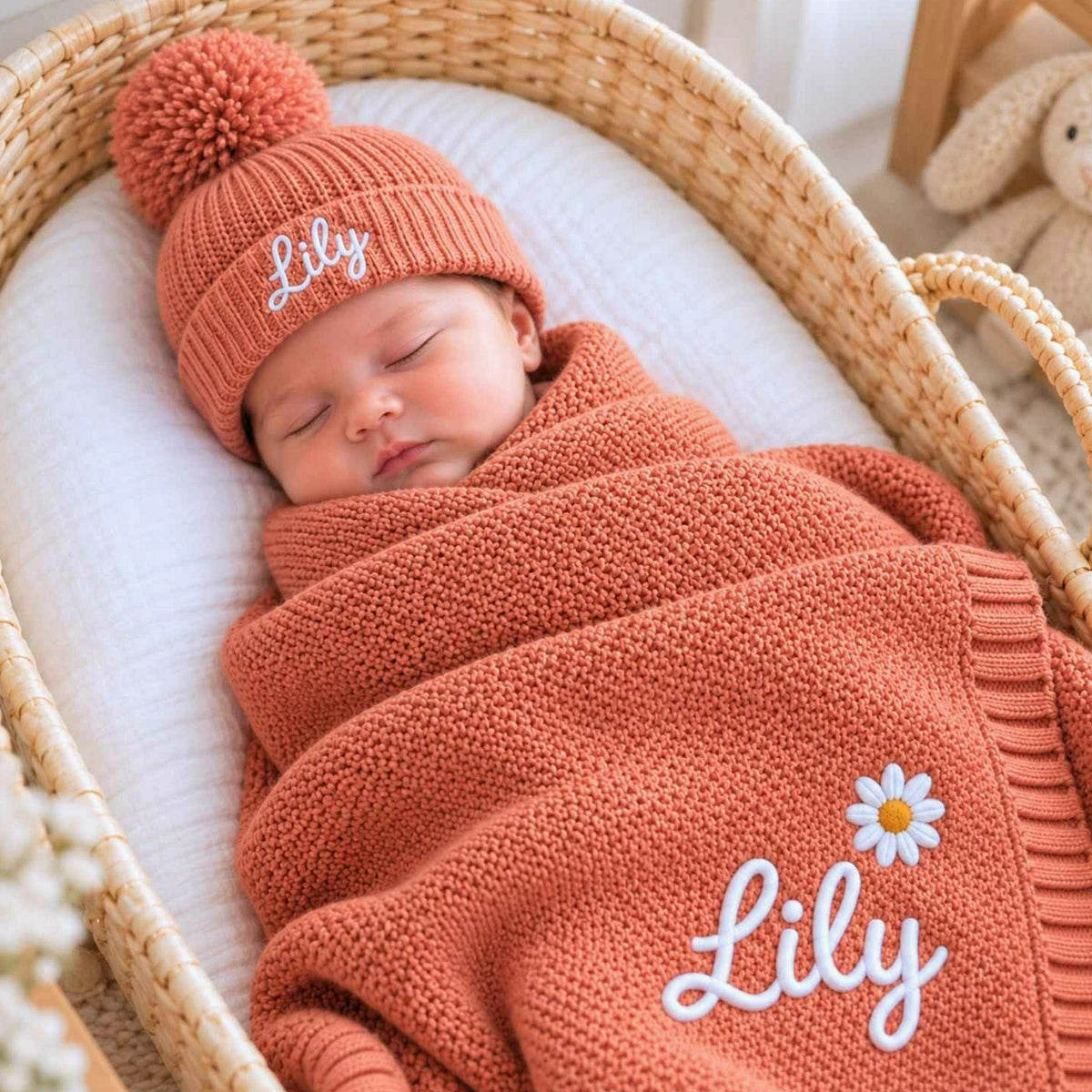 Sleeping newborn in a wicker bassinet with a personalized coral knit blanket embroidered with a daisy and a matching pom-pom beanie, a baby shower gift.