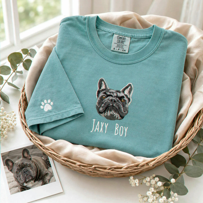 Custom French Bulldog T-Shirt for Birthday Wife, Embroidered Frenchie Mom with Photo Tee, 1st Anniversary Gift for Wife