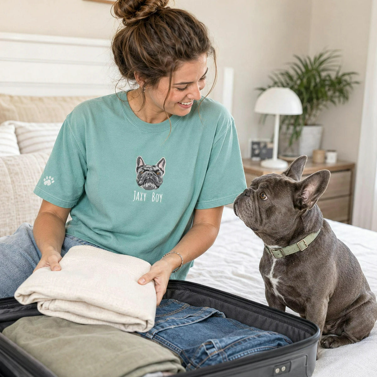 Custom French Bulldog T-Shirt for Birthday Wife, Embroidered Frenchie Mom with Photo Tee, 1st Anniversary Gift for Wife