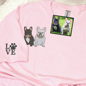 Custom French Bulldog Portrait using Photo T-Shirt - Embroidered Frenchie Dog Mom Tee for Birthday