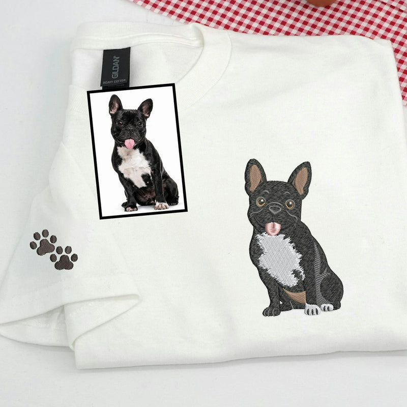 Custom French Bulldog Portrait using Photo T-Shirt - Embroidered Frenchie Dog Mom Tee for Birthday