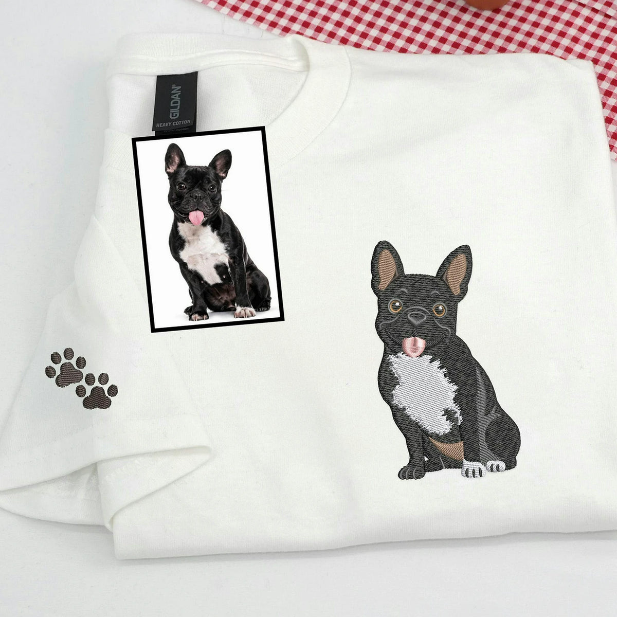 Custom French Bulldog Portrait using Photo T-Shirt - Embroidered Frenchie Dog Mom Tee for Birthday