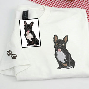 Custom French Bulldog Portrait using Photo T-Shirt - Embroidered Frenchie Dog Mom Tee for Birthday