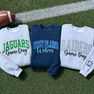Custom Glitter Team Sweatshirt, Embroidered School Spirit Crewneck, Applique Mascot Game Day Gift