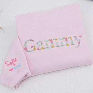 Custom Grandma Sweatshirt with Floral - Embroidered Grammy Sweater with Kid's Names on Sleeve