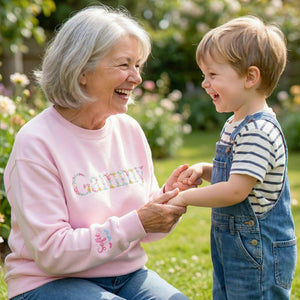 Custom Grandma Sweatshirt with Floral - Embroidered Grammy Sweater with Kid's Names on Sleeve
