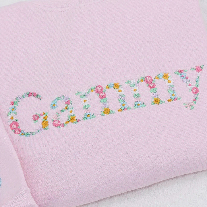 Custom Grandma Sweatshirt with Floral - Embroidered Grammy Sweater with Kid's Names on Sleeve