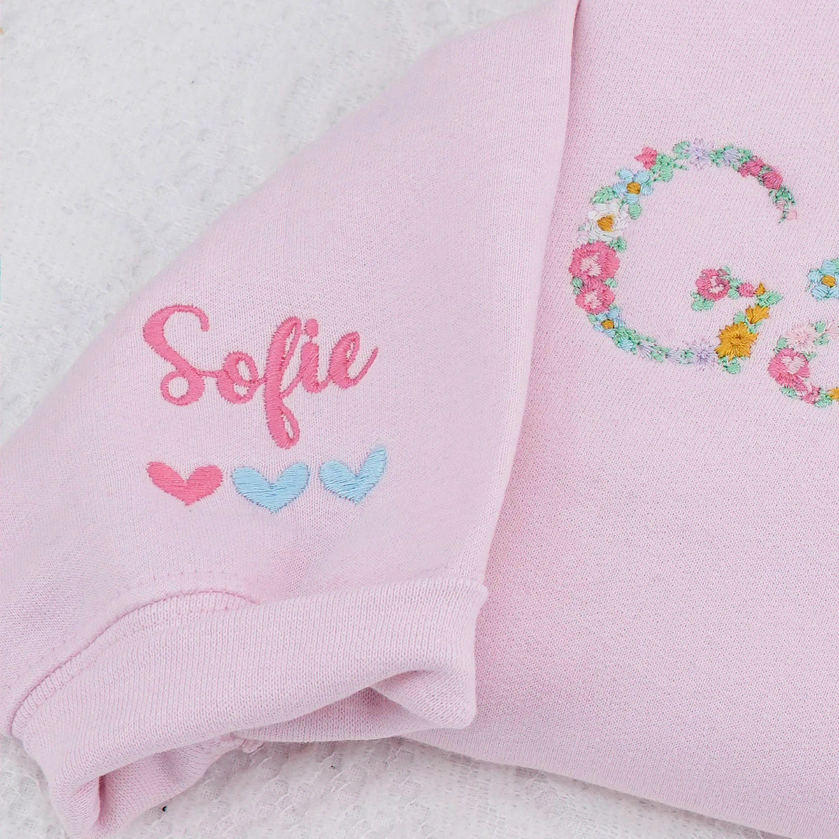 Custom Grandma Sweatshirt with Floral - Embroidered Grammy Sweater with Kid's Names on Sleeve