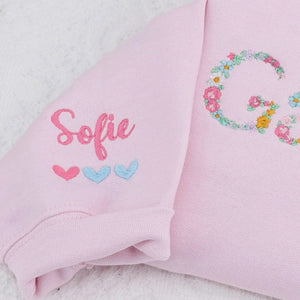Custom Grandma Sweatshirt with Floral - Embroidered Grammy Sweater with Kid's Names on Sleeve