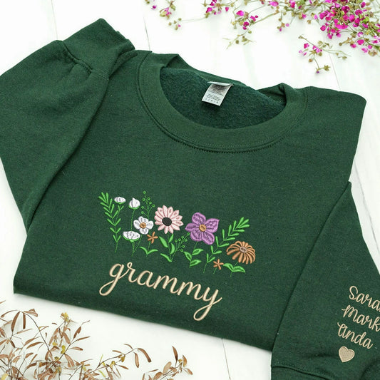 Embroidered Wildflower Gammy Sweatshirt - Personalized Grandkids Names on Sleeve