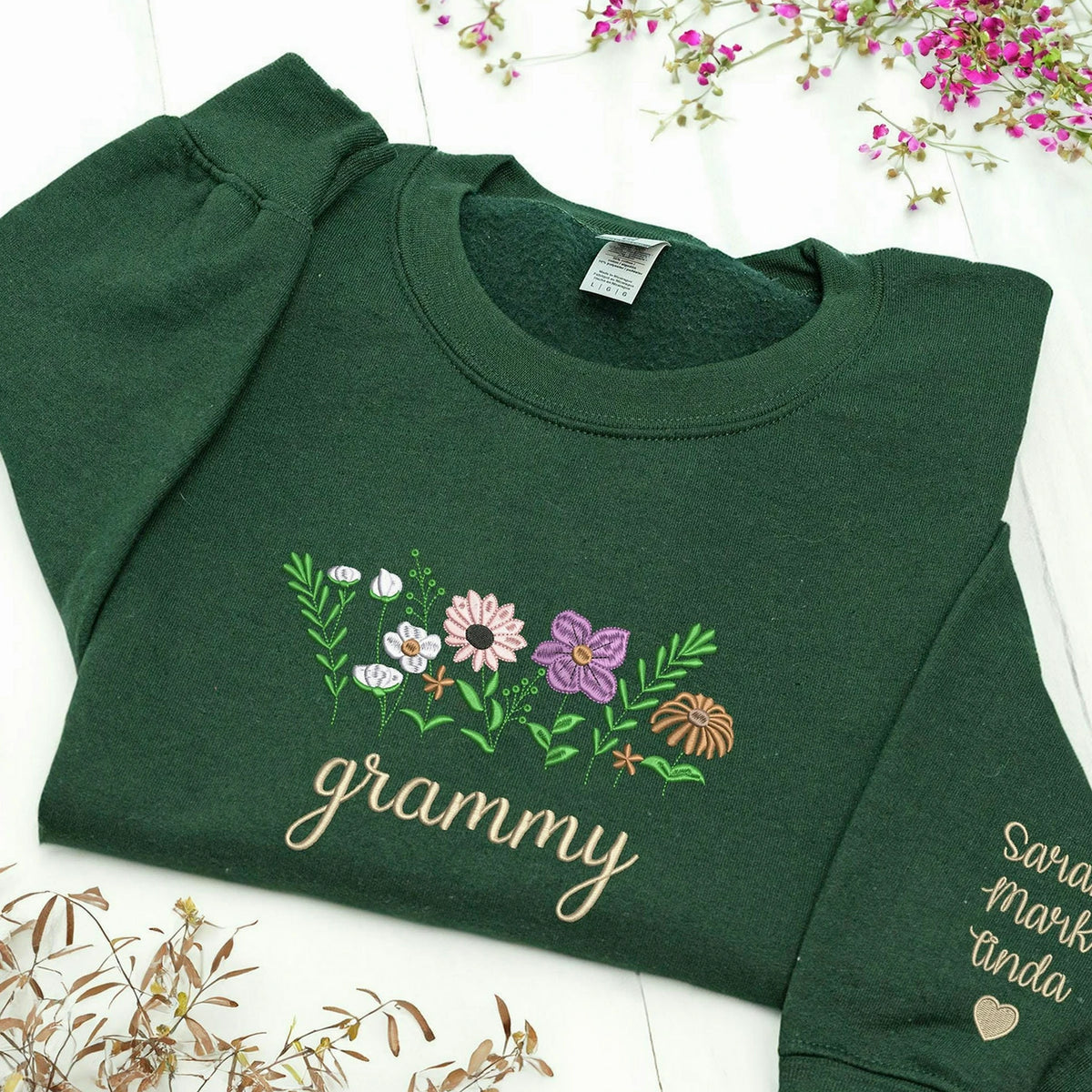Embroidered Wildflower Gammy Sweatshirt - Personalized Grandkids Names on Sleeve