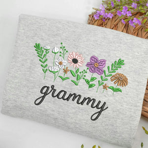 Embroidered Wildflower Gammy Sweatshirt - Personalized Grandkids Names on Sleeve