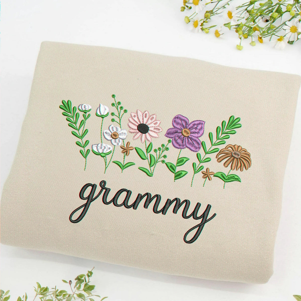 Embroidered Wildflower Gammy Sweatshirt - Personalized Grandkids Names on Sleeve