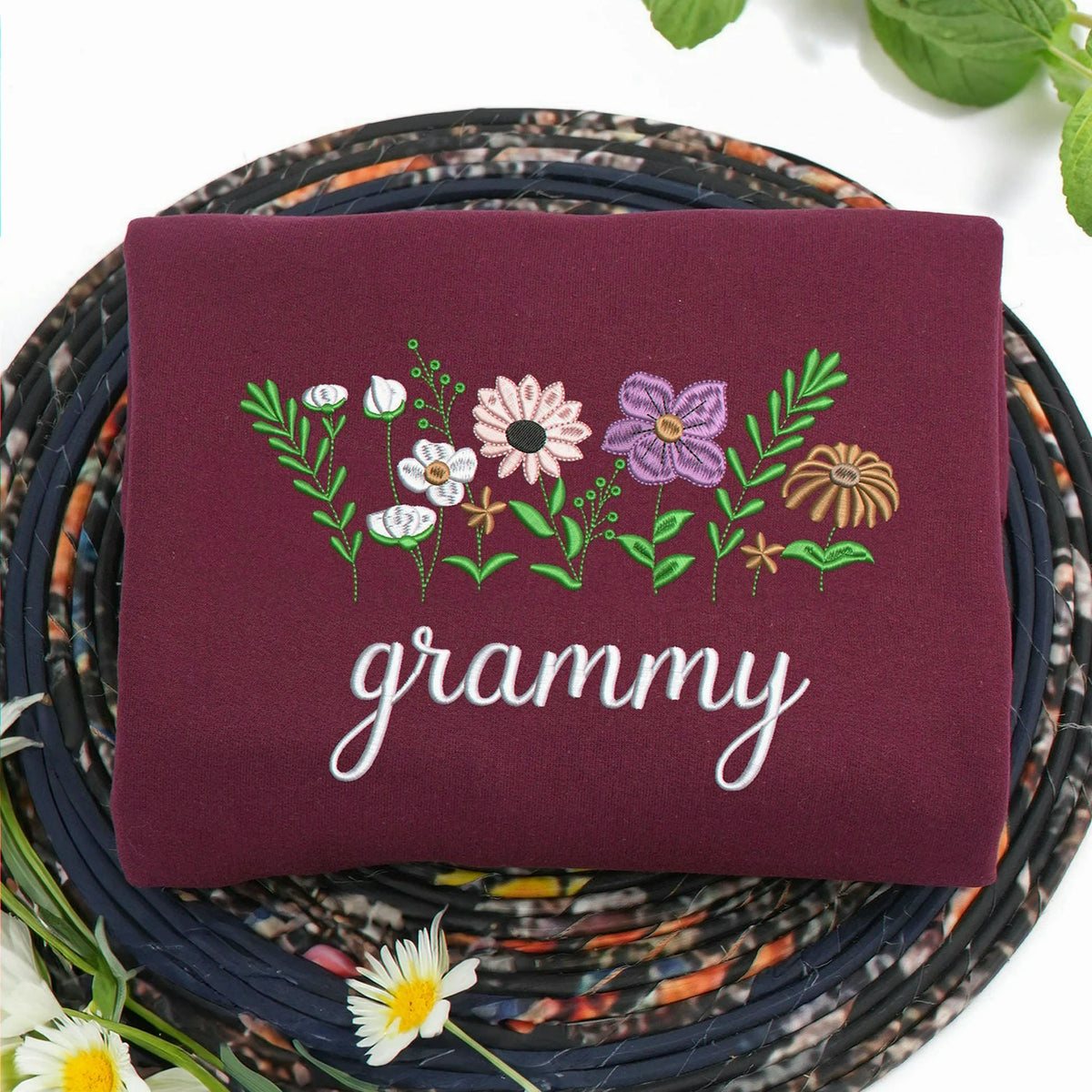 Embroidered Wildflower Gammy Sweatshirt - Personalized Grandkids Names on Sleeve