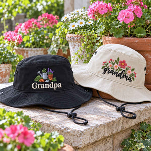 Custom embroidered Grandpa and Grandma bucket hats for gardening gifts