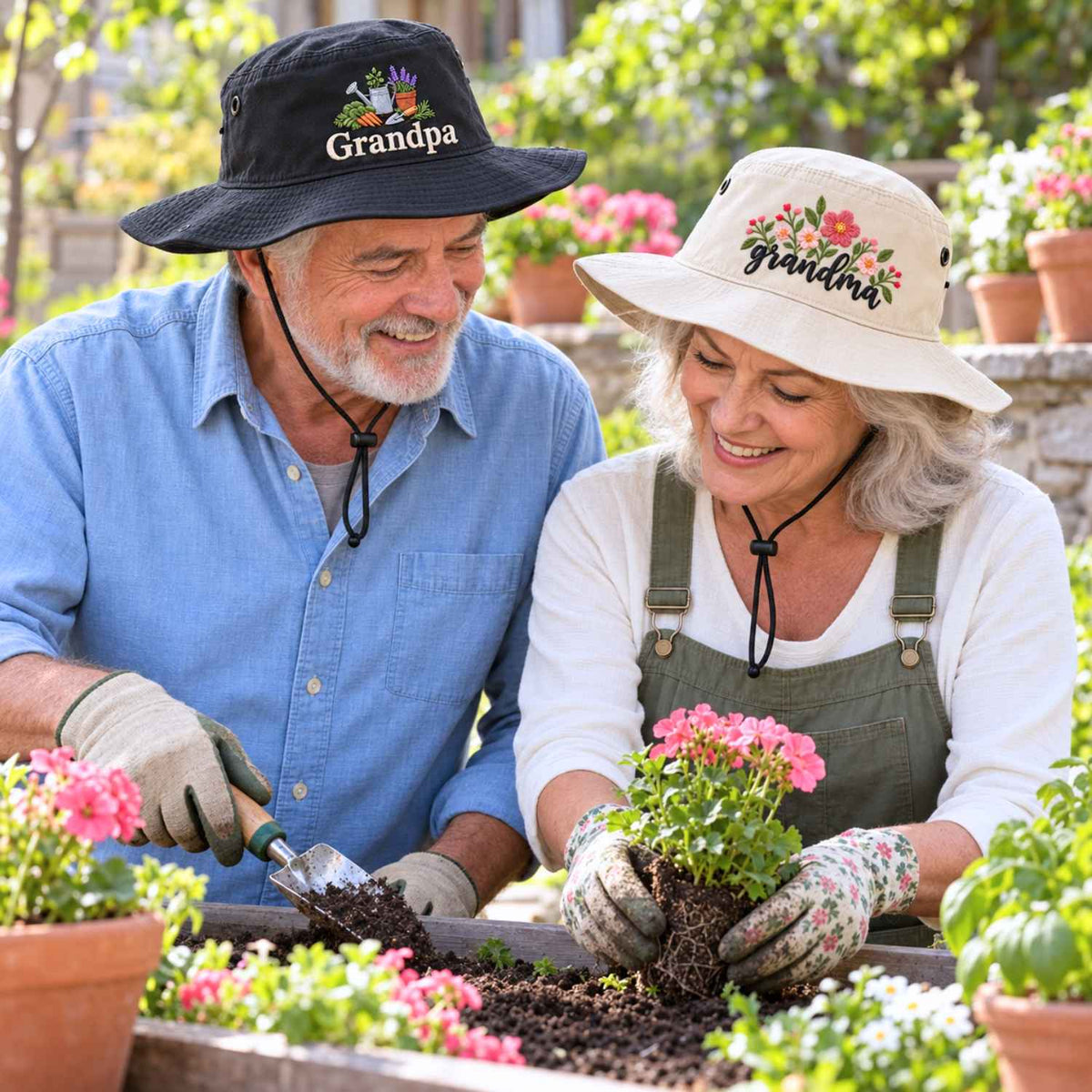 Custom Grandma & Grandpa Bucket Hats, Embroidered Gardening Grandma Grandpa Booney Hat, Sun Hats For Gardening