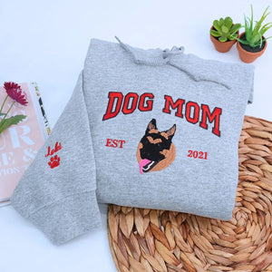 Custom embroidered hoodie featuring a realistic German Shepherd portrait with name on sleeve