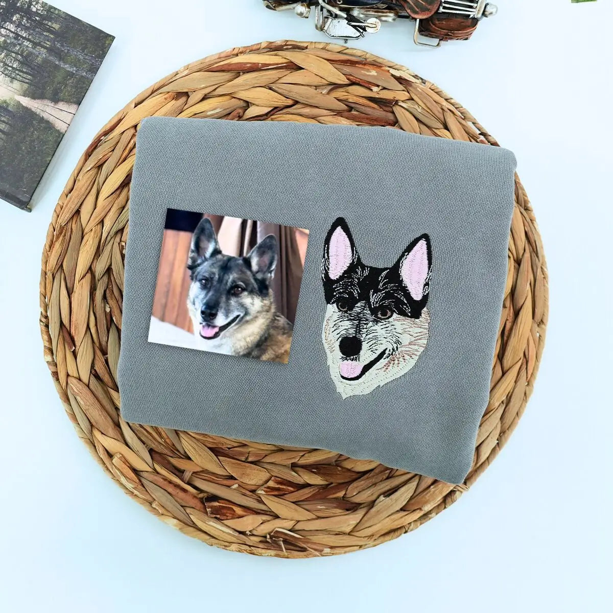 Custom embroidered shirt featuring a realistic German Shepherd portrait with name on sleeve