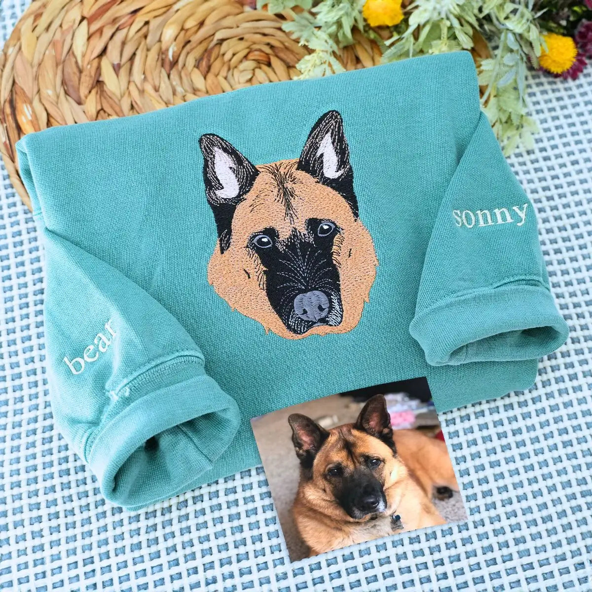Custom embroidered sweatshirt featuring a realistic German Shepherd portrait with name on sleeve