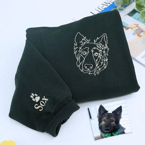 Custom embroidered sweatshirt featuring a realistic German Shepherd portrait with name on sleeve