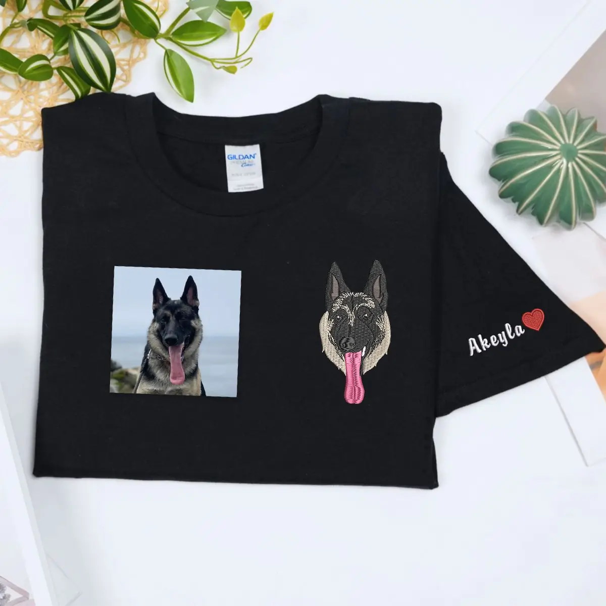 Custom embroidered German Shepherd dad shirt featuring personalized dog photo and name on the sleeve