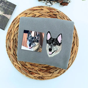 Custom embroidered German Shepherd dad shirt featuring personalized dog photo and name on the sleeve