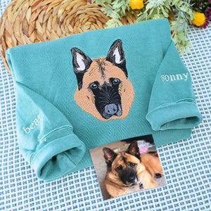 Custom embroidered German Shepherd dad shirt featuring personalized dog photo and name on the sleeve