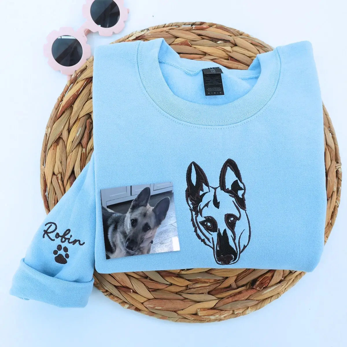 Custom embroidered German Shepherd dad shirt featuring personalized dog photo and name on the sleeve