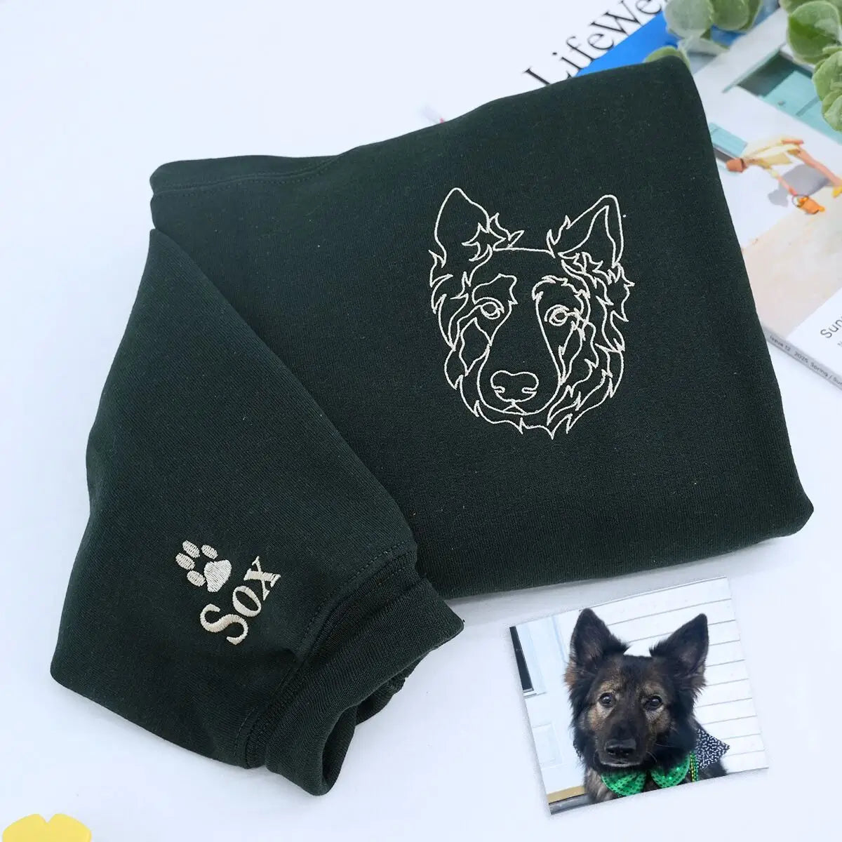 Custom embroidered German Shepherd dad shirt featuring personalized dog photo and name on the sleeve