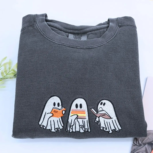 Embroidered ghost book shirt with custom sleeve text for Halloween gift