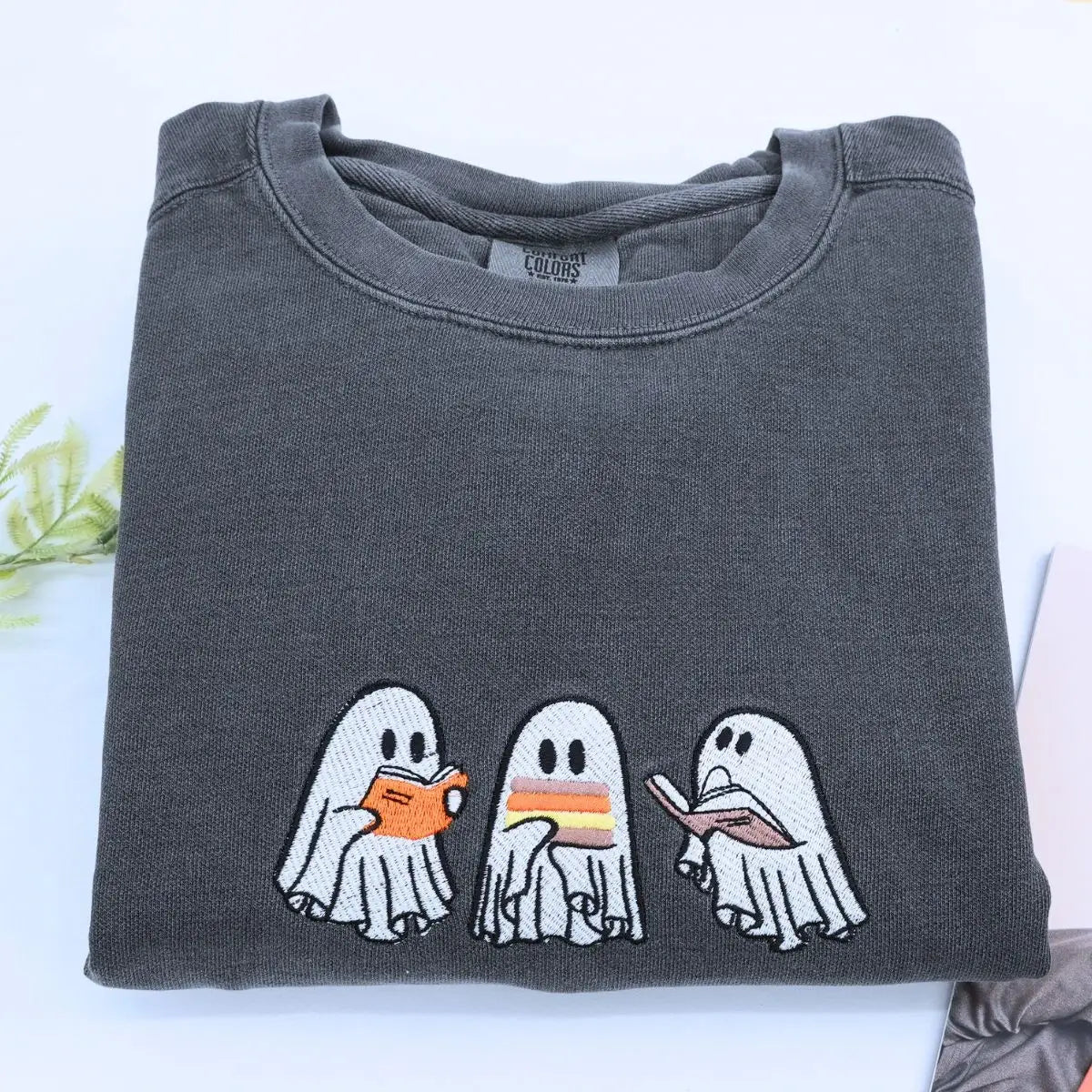 Embroidered ghost book shirt with custom sleeve text for Halloween gift