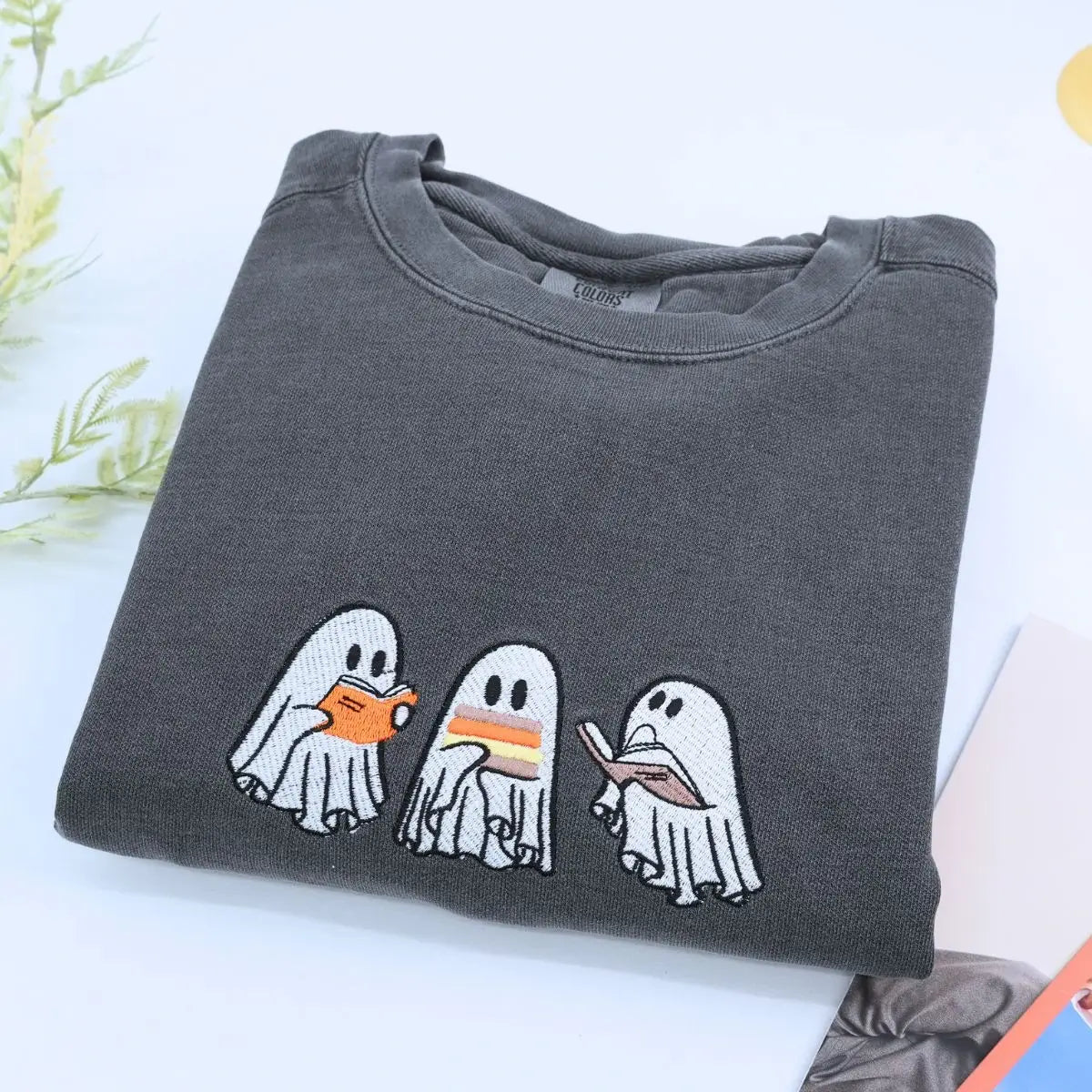 Embroidered ghost book shirt with custom sleeve text for Halloween gift