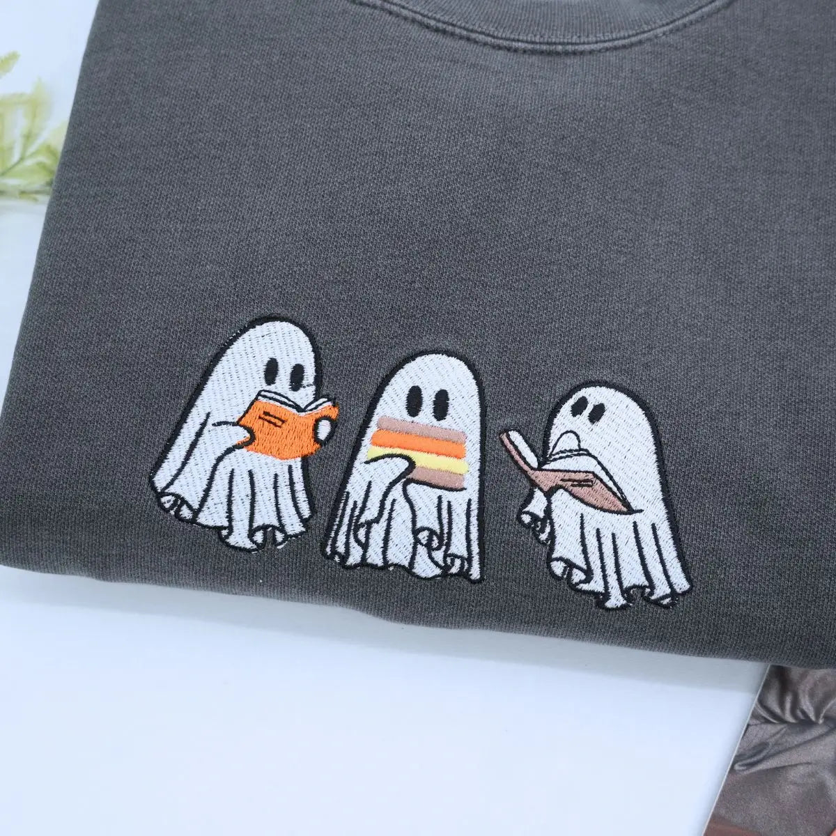 Embroidered ghost book shirt with custom sleeve text for Halloween gift