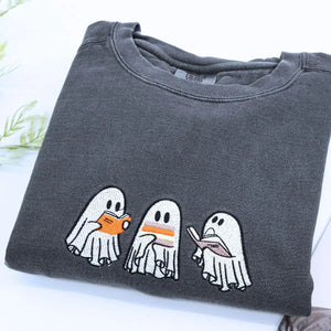 Embroidered ghost book shirt with custom sleeve text for Halloween gift