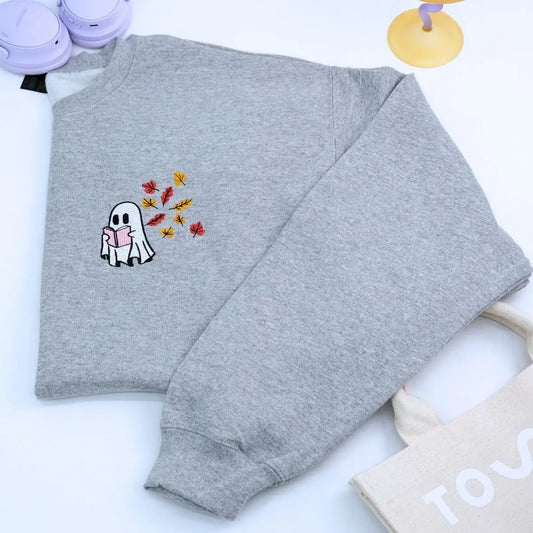 Embroidered Fall Ghost Reading Book Halloween Sweatshirt or Hoodie