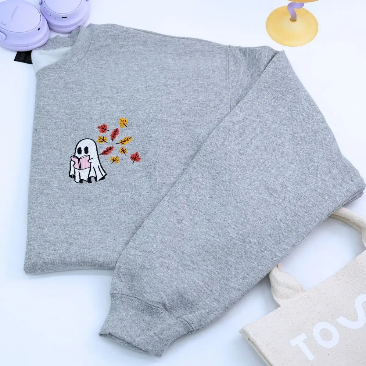 Embroidered Fall Ghost Reading Book Halloween Sweatshirt or Hoodie