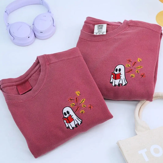 Ghost Reading Book Crimson Sweatshirt, Halloween Gifts