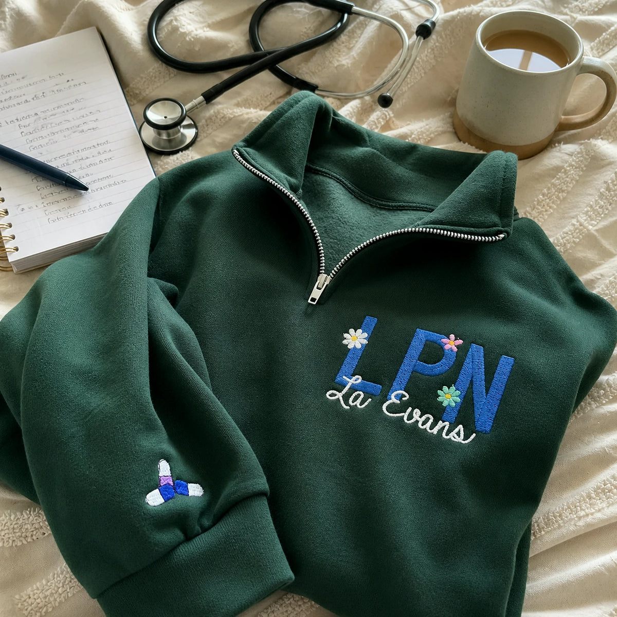Personalized RN LPN Quarter Zip Sweatshirt - Embroidered Name & Floral Title Pullover, Nurse Appreciation Gift