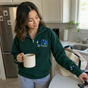 Personalized RN LPN Quarter Zip Sweatshirt - Embroidered Name & Floral Title Pullover, Nurse Appreciation Gift