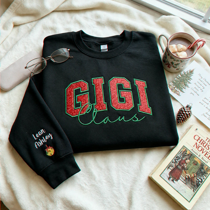Gigi Claus Glitter Sweatshirt, Personalized Embroidered Christmas Applique Crewneck, Christmas Gift for Gigi
