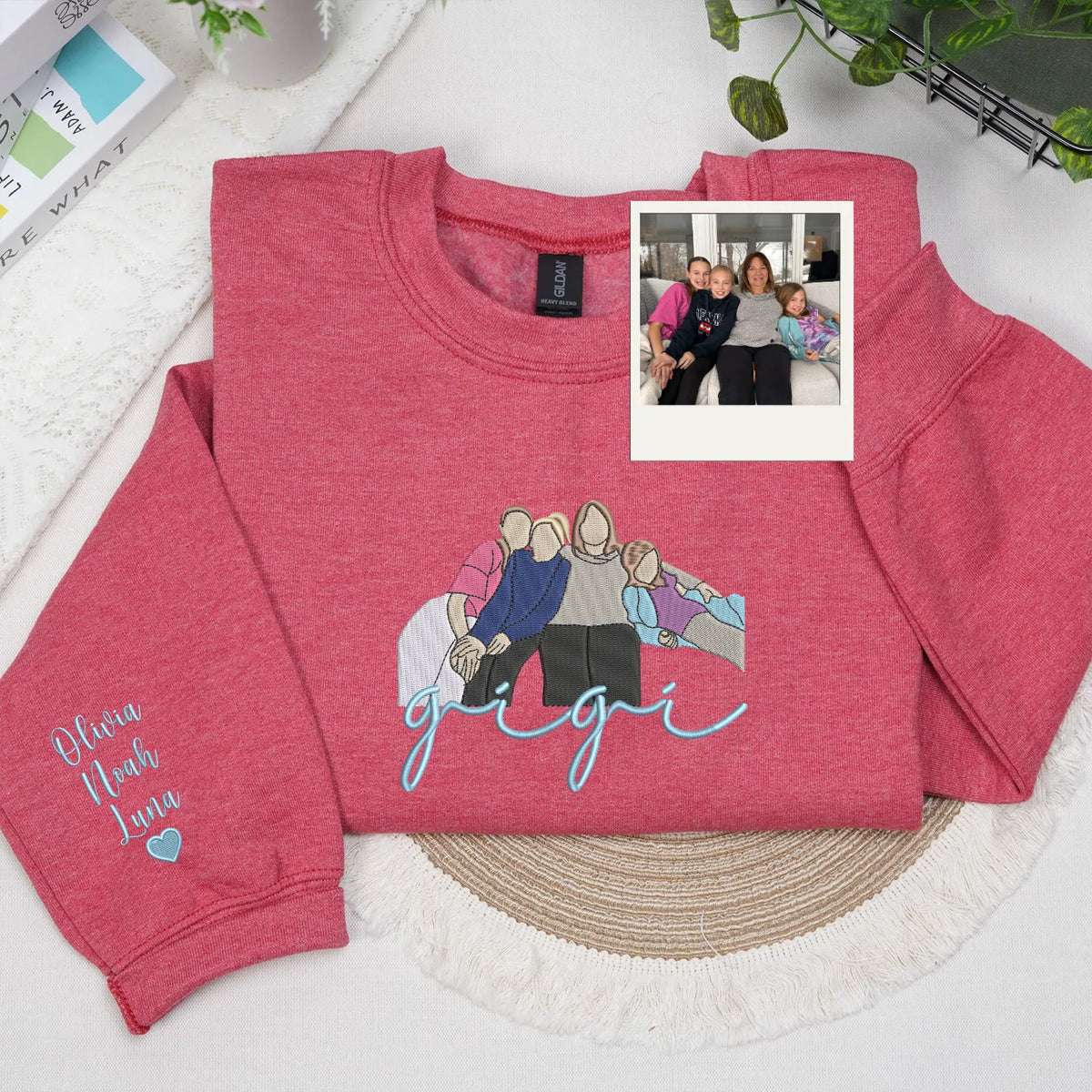 Custom Gigi Photo Portrait Embroidered Sweatshirt Hoodie with with Grandkids' Names on Sleeve