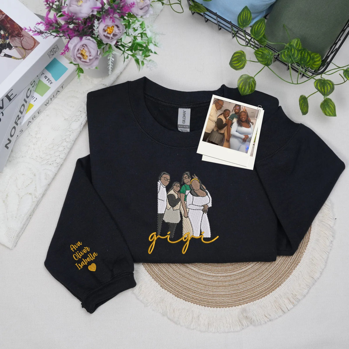 Custom Gigi Photo Portrait Embroidered Sweatshirt Hoodie with with Grandkids' Names on Sleeve