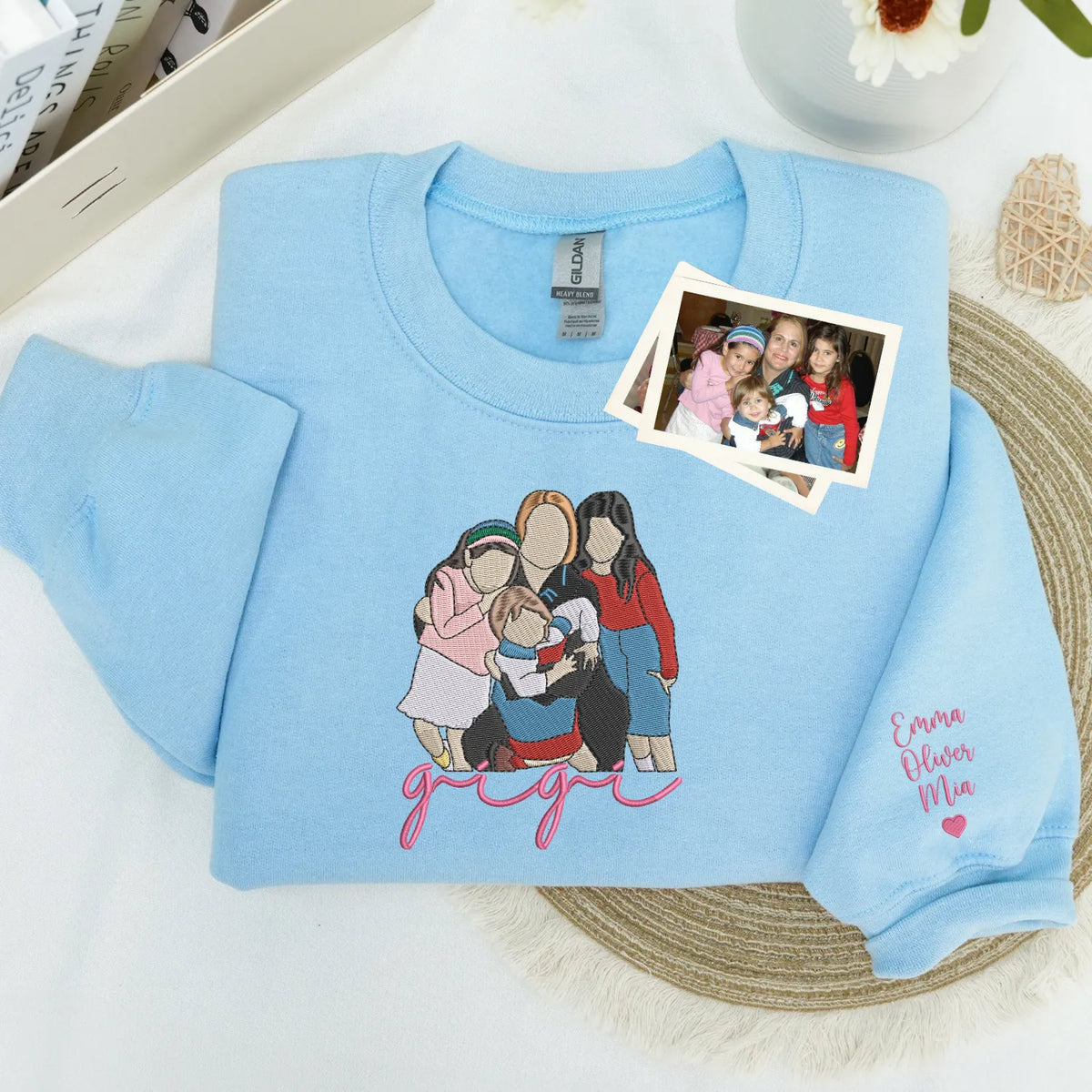 Custom Gigi Photo Portrait Embroidered Sweatshirt Hoodie with with Grandkids' Names on Sleeve