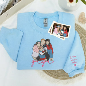 Custom Gigi Photo Portrait Embroidered Sweatshirt Hoodie with with Grandkids' Names on Sleeve