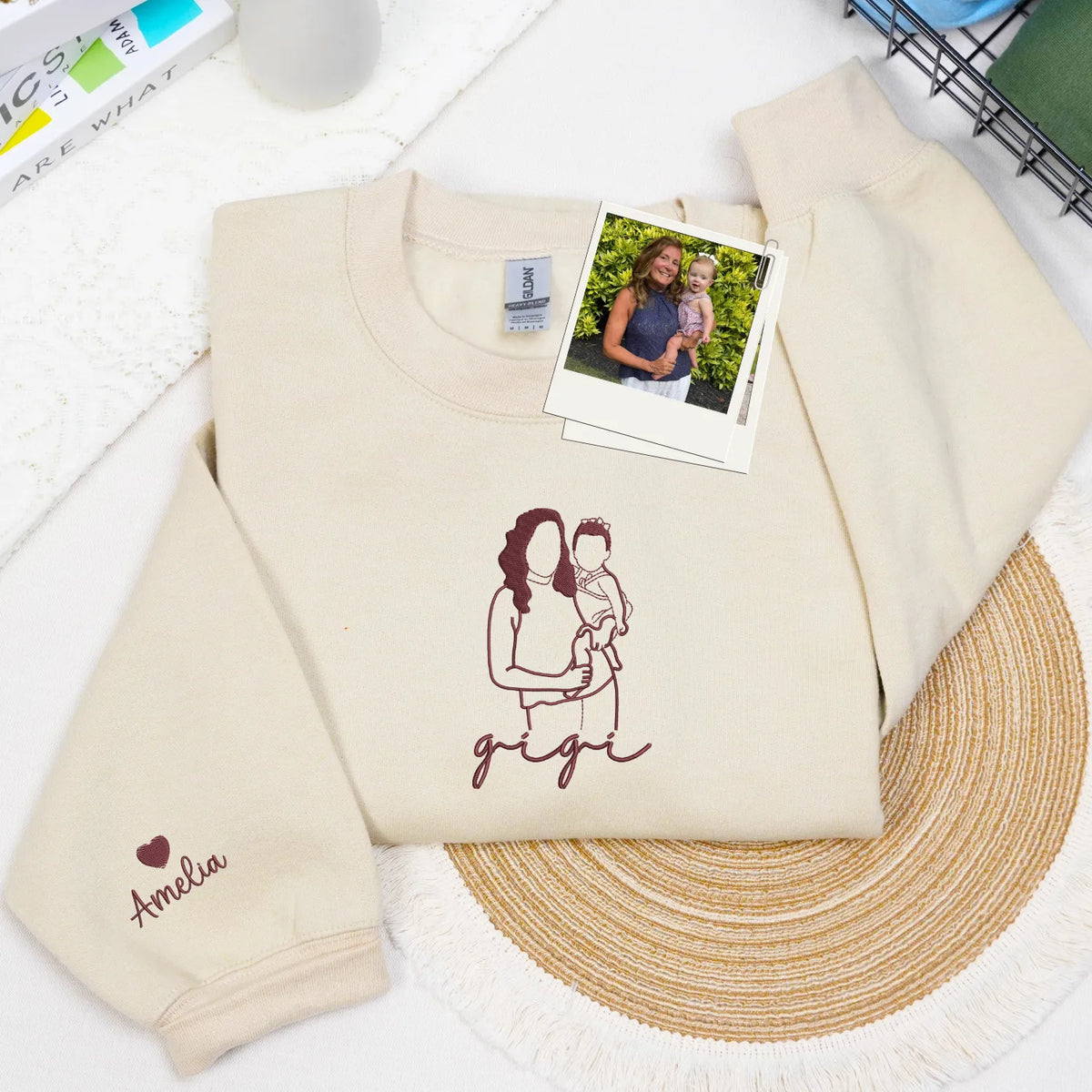Custom Gigi Photo Line Art Embroidered Sweatshirt Hoodie - Personalized Mother's Day 2026 Gift for Gramdma