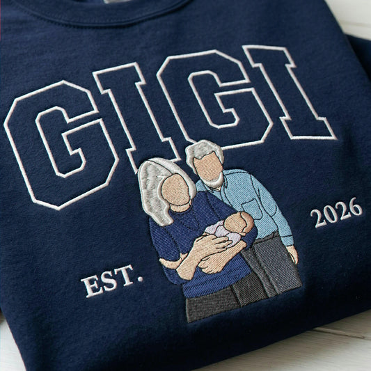 Custom navy Sweatshirt with Gigi and grandkid portrait, cozy gift for grandma