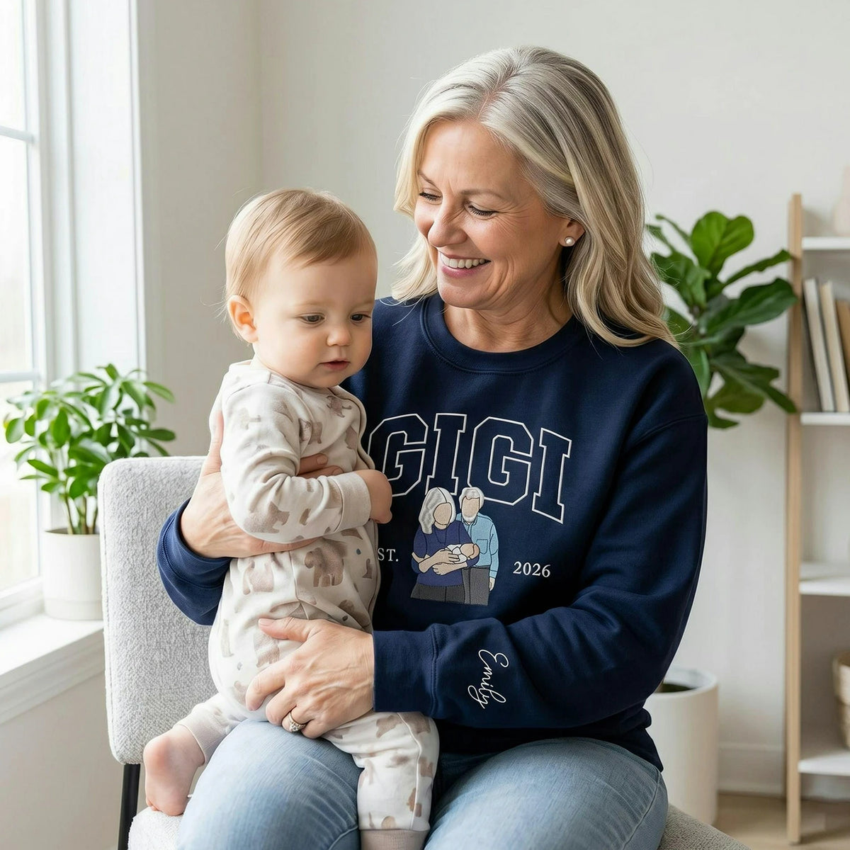 Custom Grandma Sweatshirt with Photo - Embroidered Gigi Portrait Sweater